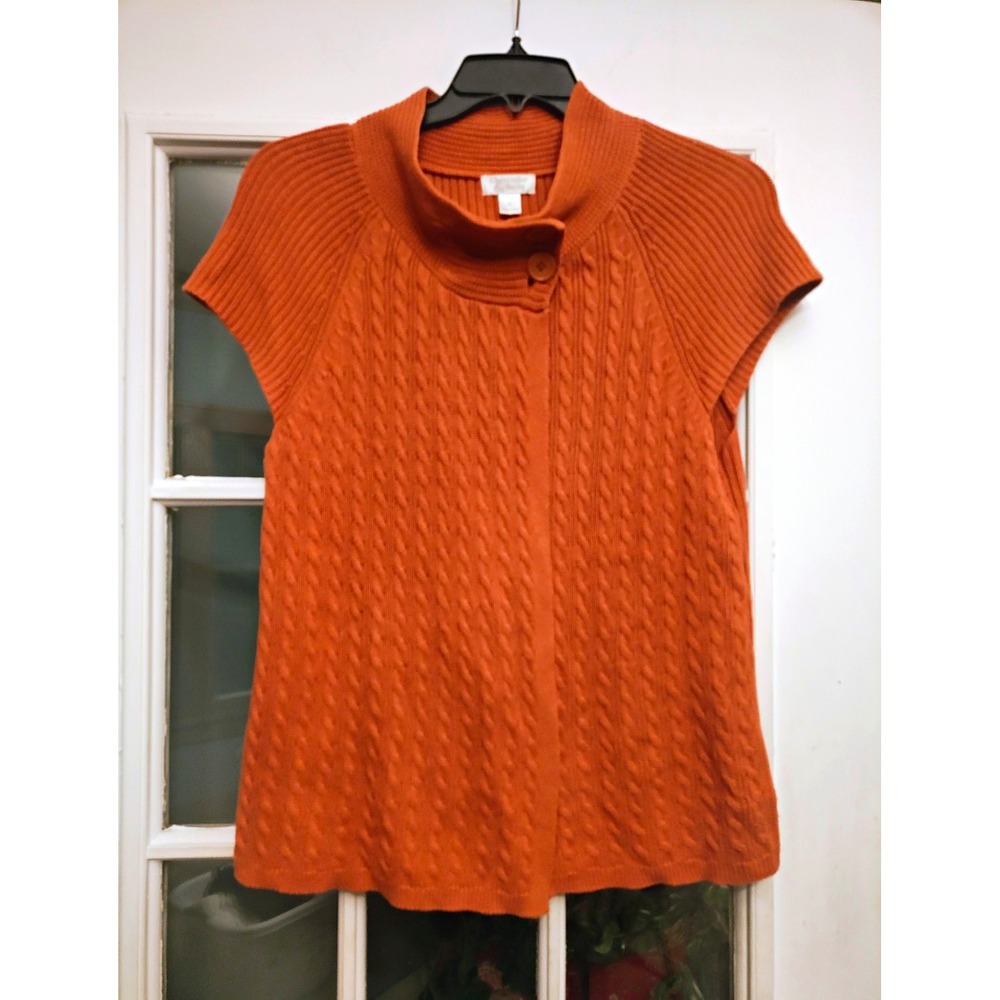 Christopher & Banks L Burnt Orange Cable Knit Sweater Cap Sleeve Mock Neck Fall